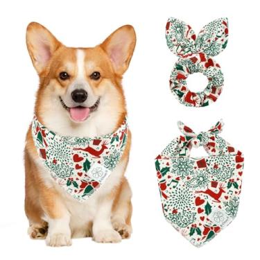 Imagem de E-Clover Conjunto de bandanas para cães de Natal e scrunchie combinando, branco, verde, vermelho, cachecol babador, bandana para animais de estimação com gravata borboleta para cães pequenos, dona de