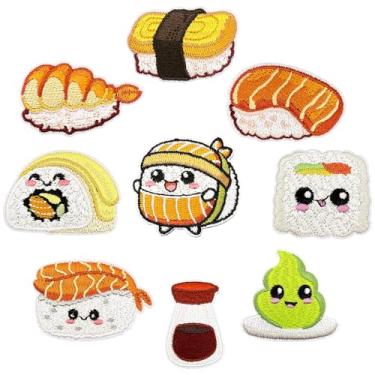 Imagem de 9 peças de adesivos de ferro de sushi, aplique bordado wasabi de salmão, emblema de costura com tema de culinária japonesa, lindo emblema de bordado de sushi para roupas, jeans, jaquetas, chapéus