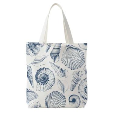 Imagem de Likjad Sacola feminina azul marinho com concha litorânea de lona, vintage, praia, oceano, concha, sacolas de compras reutilizáveis, náuticas costeiras
