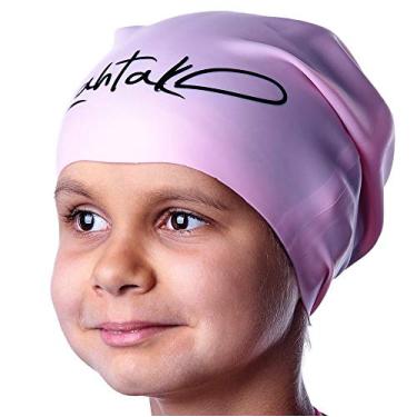 Imagem de Toucas de natação para cabelos compridos infantis – Touca de natação para meninos e crianças adolescentes com tranças longas e encaracoladas – Chapéu de natação impermeável de silicone hipoalergênico (quartzo rosa, médio)
