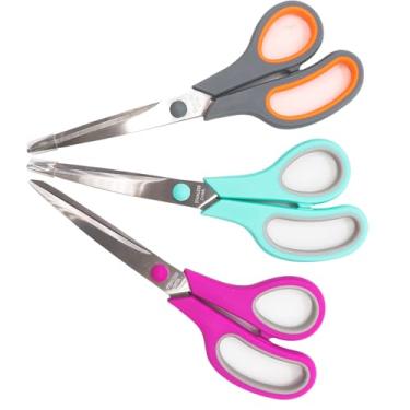 Imagem de Pacote com 3 tesouras, tesouras multiuso de 20 cm, tesouras de lâmina afiadas de aço inoxidável de 2,5 mm de espessura, tesouras de aderência confortável para mesa de escritório, costura de acessórios