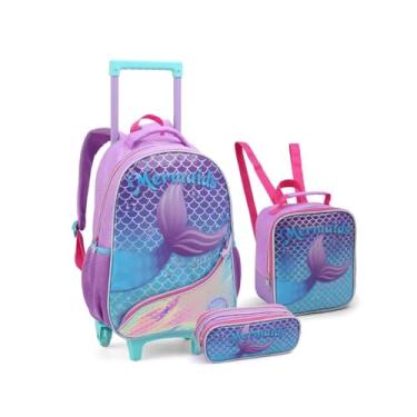 Imagem de Kit Mochila Escolar com Rodas, Lancheira E Estojo Estampa Sereia, Lilás