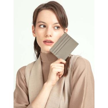 Imagem de Carteira minimalista de couro genuíno, carteira fina para cartão de crédito com bolso frontal para homens e mulheres, Caqui, Slim, Porta-cartão