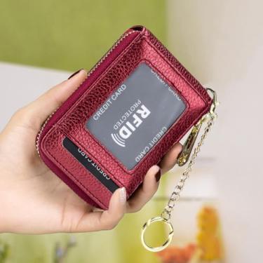 Imagem de Porta-cartões de crédito de couro, carteira com zíper, porta-chaves, porta-chaves, carteira com bloqueio de RFID para homens e mulheres, Vermelho tijolo, Elegante