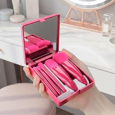 Imagem de Conjunto de 5 pincéis de maquiagem para viagem, portátil, tamanho pequeno, conjunto de pincéis de maquiagem com caixa de espelho para sombra de blushes