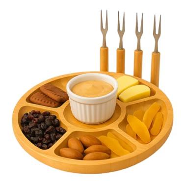 Imagem de Kit Petisqueira Redonda Para Frios Queijo C/Molheira Ramekin e Garfinhos Inox Cabo Madeira P/Petiscos