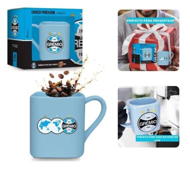 Imagem de Caneca Porcelana Xícara Quadrada 220Ml Azul Café Chá Grêmio