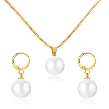 Imagem de Xinjoduz 1 conjunto de colar e brinco de pérola dourada delicados brincos de pérolas de ouro para mulheres casamento pérolas de renda com gola caída joia de noiva com brincos de gota, colar