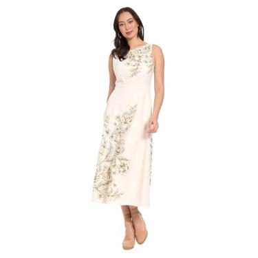 Imagem de London Times Vestido feminino midi floral sem mangas - Vestidos de convidada de casamento com gola redonda, Creme/verde-oliva, 40