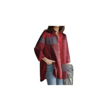 Imagem de Casaco casual xadrez feminino de manga comprida - vermelho - Lightbek 