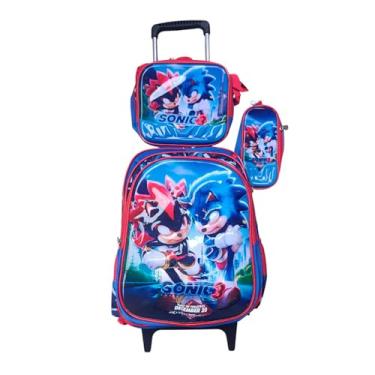 Imagem de Kit Mochila do Sonic 3 em 3D Alto Relevo com Rodinhas + Lancheira Térmica + Estojo Escolar Infantil