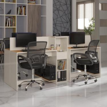 Imagem de Estação De Trabalho 4 Lugares Office Tech 4 Mesas 2 Armários - Off White E Cedro Off White E Cedro