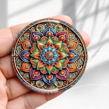 Imagem de Ímã de geladeira vintage design mandala colorido - adesivo redondo de geladeira de resina acrílica de 5,8 cm, presente de decoração retrô, tamanho perfeito para geladeira, armário ou qualquer