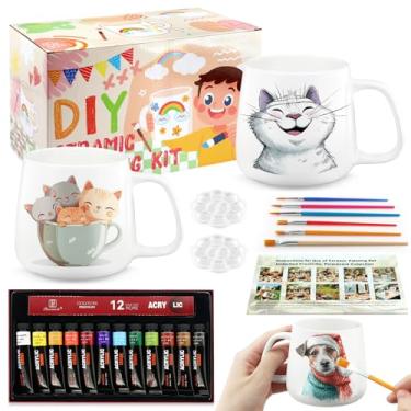 Imagem de SEOLENZW Kit de pintura em cerâmica - Conjunto de 2 canecas DIY para casais e amigos. Pinte sua própria caneca com pincéis profissionais, tintas acrílicas e paletas. Presente criativo para adultos