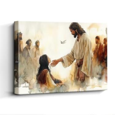 Imagem de WOXZQ Arte de parede de Jesus Cristo, mão de alcance, decoração de parede cristã, impressão em tela sem moldura, arte de pôster de fé, para presente de igreja, 38 x 30 cm