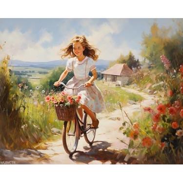 Imagem de WUIVCTR Pintura faça você mesmo por números para adultos bicicleta e mulheres, kits de pintura por números, pintura a óleo, tela de desenho, decoração de casa, 40,6 x 50,8 cm sem moldura