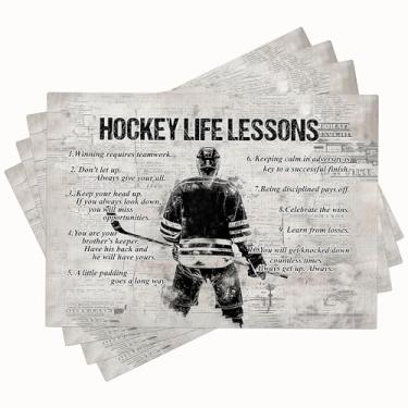 Imagem de Farmhouse Jogo americano de hóquei no gelo conjunto de 4 tapetes esportivos rústicos de hóquei com impressão dupla face para cozinha, sala de jantar, restaurantes, decoração, imitação de linho, 30 x