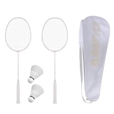 Imagem de PFVMSQA Conjunto de 2 raquetes de badminton, aderência cônica antiderrapante, fibra de carbono completa, ultraleve, ofensiva, treinamento duplo, raquete dupla, com 2 petecas leves, 1 bolsa de