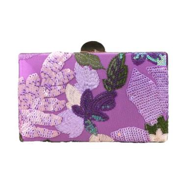 Imagem de Bolsa feminina bordada floral com lantejoulas brilhantes e elegantes para viagem na praia com corrente, Roxa, Medium