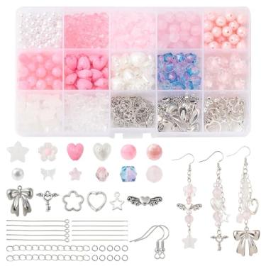 Imagem de MakemadeDIY Kit de fabricação de brincos de contas rosa, 600 peças, flor de polígono, imitação de pérola, contas de plástico de vidro, laço e chave, brincos de latão ganchos para fazer pulseiras e