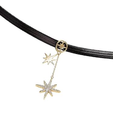 Imagem de Colar gargantilha de couro preto elegante com pingente de estrela, colar de poliuretano ajustável para mulheres, leve e confortável
