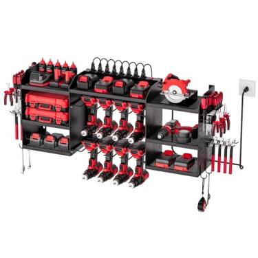 Imagem de VEVOR Organizador de ferramentas elétricas com estação de carregamento, rack de armazenamento de bateria de ferramenta elétrica de 3 camadas com tira de energia de 1,7 m, 8 suportes de furadeira e 8