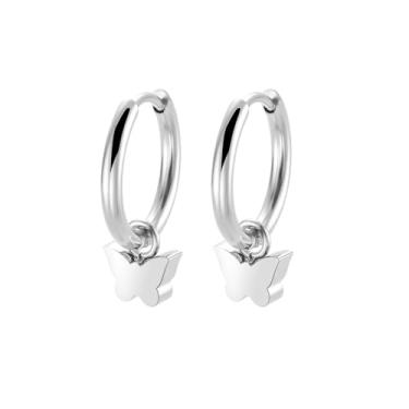 Imagem de Edforce Stainless Steel Brincos femininos de argola com pingente pequeno e fofo, Aço inoxidável, Zircônia cúbica