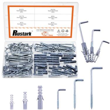 Imagem de Rustark Kit de ganchos quadrados de zinco com 3 tamanhos, 150 peças, com tubos de expansão, parafusos em forma de L, espiral em gancho quadrado para pendurar no local de trabalho e escritório