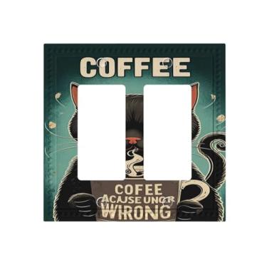 Imagem de HLCoChT Capas de interruptor de luz de arte decorativa traseira gato e café 2 Gang Dual Rocker Outlet Switch Plate Faceplate GFCI
