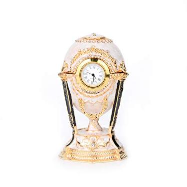 Imagem de QIFU Faberge Série de Réplicas de Ovo com Dobradiça Pianteada à Mão, Caixa de Brinquedo, Relógio de Mesa Vintage para Decoração de Casa, Presente Único para a Família..., Branco