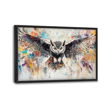 Imagem de Arte de parede de coruja grande para sala de estar, decoração de parede de coruja Banksy grande emoldurada pintura colorida em tela de vida selvagem imagens de animais arte moderna para sala de estar