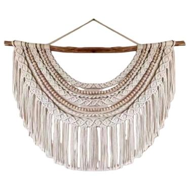 Imagem de Macrame Wall Hanging Tapeçarias de parede modernas tecidas à mão, pinturas artísticas em tecido com contas de madeira e corda de algodão, decoração de parede(80x60cm/31.5x23.6in)