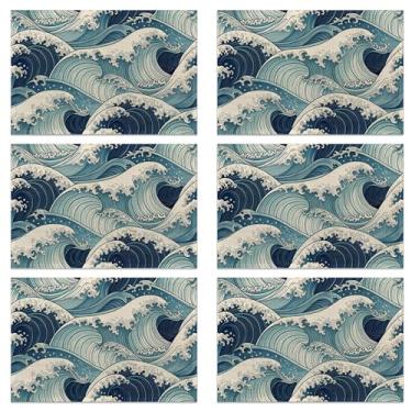 Imagem de Conjunto de 6 jogos americanos de mesa, tecido de linho impermeável, suporte antiderrapante e fácil de limpar, protetores de mesa de jantar elegantes para família e convidados (ondas japonesas)