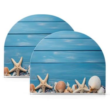 Imagem de Wassud Porta-guardanapos de acrílico de madeira azul com estrela do mar, dispensador de guardanapos de papel moderno em forma de U para mesa, cozinha, sala de jantar, bancada 2 peças (comporta 50-60