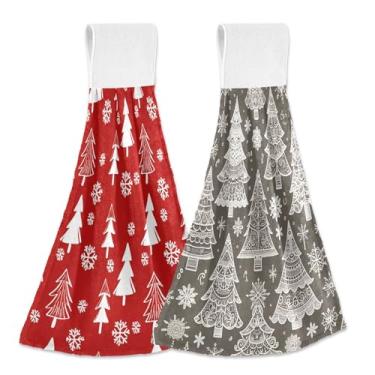 Imagem de Wassud Toalhas de mão penduradas de cozinha, pacote com 2, árvores de Natal supermacias, vermelho, branco, árvores de Natal, toalhas de banheiro cinza com laços de adesivo mágico, toalha de secagem