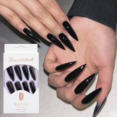Imagem de 24 unidades/conjunto de unhas postiças artísticas artísticas pretas com cola 3D destacável estileto super longo unhas artificiais completas (preto)