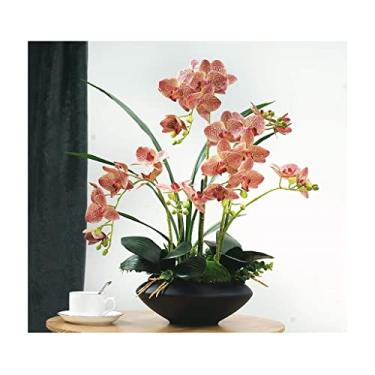 Imagem de LMJYU Flores artificiais orquídeas falsas com vaso de flores pretas - centros de mesa de hotel Phalaenopsis artificiais arranjos de flores orquídeas falsas decoração de flores