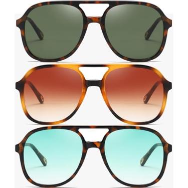 Imagem de (Pacote com 3) Óculos de sol aviador retrô para mulheres e homens, clássicos, anos 70, vintage, moderno, quadrado, aviadores, Carapaça de tartaruga verde + carapaça de tartaruga marrom + carapaça de