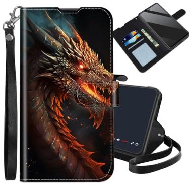 Imagem de Capa carteira para Samsung Galaxy S25 FE com compartimentos para cartões, alça de pulso de couro PU com bloqueio de RFID, capa flip com suporte flip com dragão de fogo à prova de choque para Galaxy