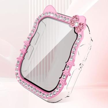 Imagem de Capa de desenho animado com laço de gato para Apple Watch SE/séries 10/9/8/7/6/5/4 44 mm 45 mm com protetor de tela de vidro temperado, capa protetora completa diamante cristal (rosa, 40 mm)