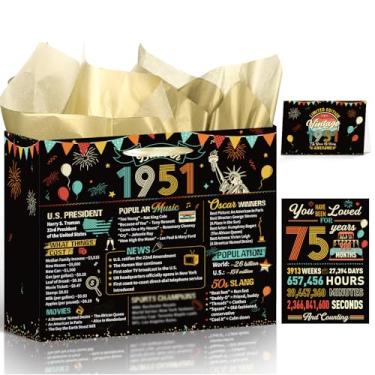 Imagem de Wxiben Bolsa de presente de aniversário de 75 anos – Decorações de aniversário de 75 anos para mulheres e homens, saco de embrulho colorido vintage com alças de papel de seda, pôster de cartão