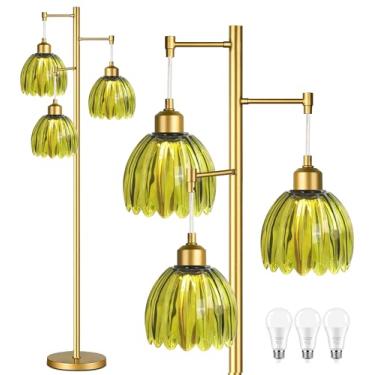 Imagem de QIYIZM Candeeiro de chão dourado para sala de estar, quarto, lâmpada de pé moderna de meados do século, árvore de latão, 3 lâmpadas de chão de altura, vintage, retro, luzes de vidro, verde, flor