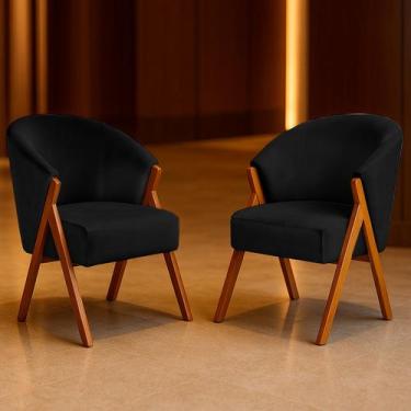 Imagem de Kit 2 Poltrona Sala Yumi Veludo Preto Pés Madeira Maciça Castanho - AR