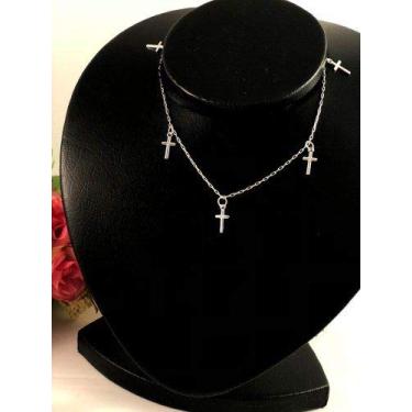 Imagem de Choker Feminino Cruz Prata Legitima 925 38 Cm