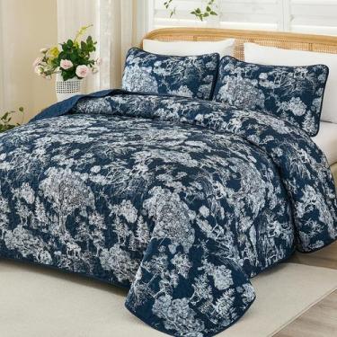 Imagem de Conjunto de edredões WONGS BEDDING Queen Size azul marinho floral 3 pe