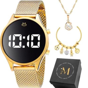 Imagem de Kit Feminino Relógio Digital Dourado Mostrador Preto Colar 45cm Pingen
