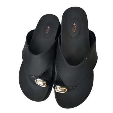 Imagem de Sandália Feminina Papete Flatform Confortável, Tiras Almofadadas, Palmilha Anatômica, Preta com Detalhe Dourado (BR, Adulto, Numérico, M, 35)