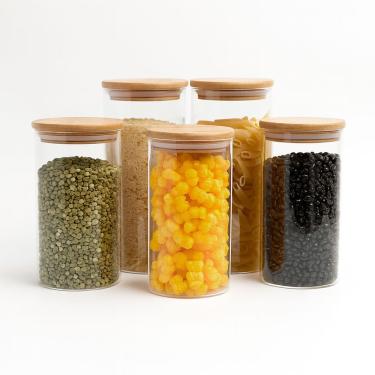 Imagem de Kit 5 potes de vidro herméticos com tampa de bambu - Tud