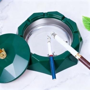 Imagem de Cinzeiro de aço inoxidável coroa verde com tampas, à prova de vento, cinzeiro de cigarros para uso interno ou externo, bandeja de cinzas para fumar para casa, decoração de escritório
