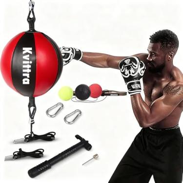 Imagem de Kvittra Saco de pancada de ponta dupla para treinamento – Conjunto Speed Ended inclui 3 faixas de cabeça e bomba de bola refletiva - MMA portátil (vermelho)